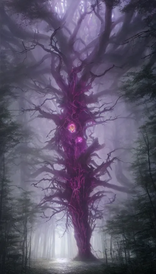 Prompt: Hyper realistic oil painting of a future sci-fi ancient god on the middle of a forest with a lot of purple trees holding a portal that's about to explode, fog, volumetric lighting, nighttime, moonlight, by Greg Rutkowski and Diego Velázquez