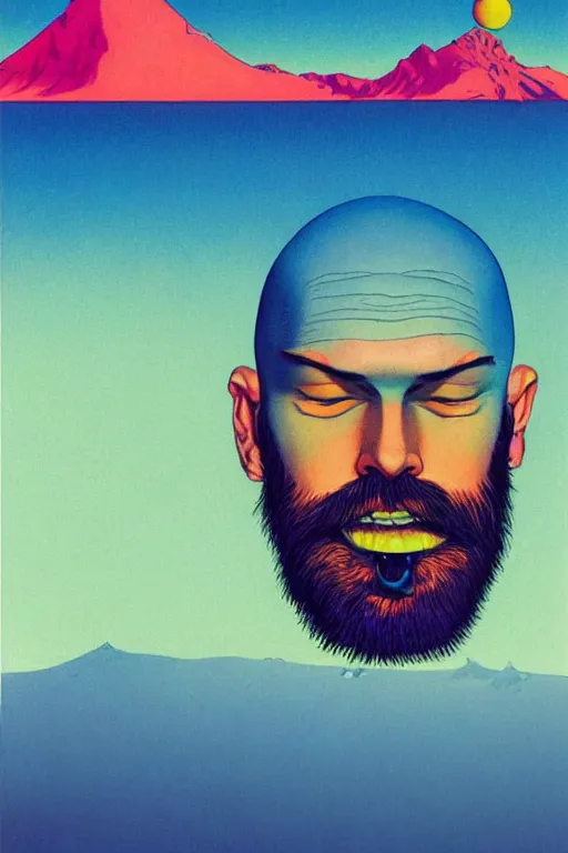 Image similar to a colorful closeup portrait of a young bald man with a wild beard dreaming psychedelic hallucinations while taking lsd blotter acid in the vast icy landscape of antarctica, by kawase hasui, moebius and edward hopper, colorful flat surreal design, hd, 8 k, artstation