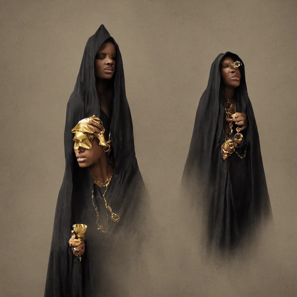 Image similar to a portrait of a young black woman wearing a long dark cloak, hood and shadows covering face, holding golden jewelry, oil painting, matte painting, black background, Volumetric Golden dappled dynamic lighting, Highly Detailed, Cinematic Lighting, Unreal Engine, 8k, HD, by Beksinski