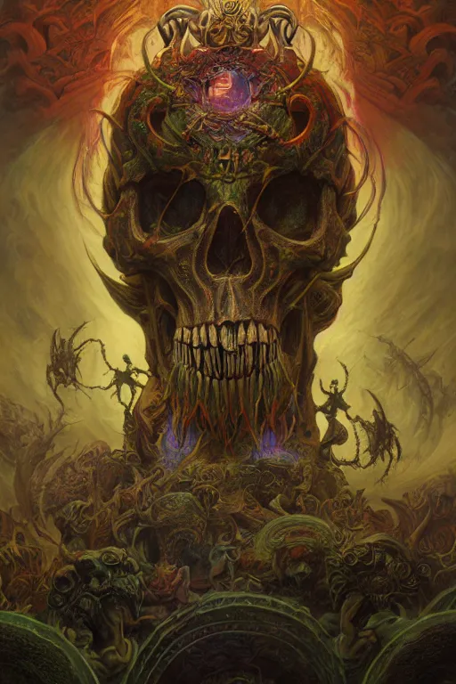 Image similar to gigantic psychedelic demonic skull lord of death and fire, fantasy painting, ultra realistic, wide angle, art nouveau, intricate details, rainbowshift, vivid colors, highly detailed by peter mohrbacher, h. r. giger, maxfield parrish, gustave dore, craig mullins, octane render, cgi