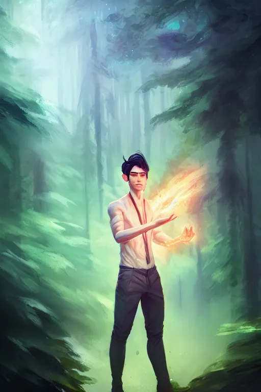 Prompt: a human elemental sorcerer, forest environment background, colorful magic effects, white skin, portrait, male, clothed, sharp focus, digital art, concept art, trending on artstation, dynamic lighting, by emylie boivin and rossdraws