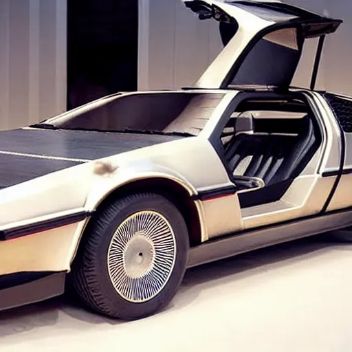 Prompt: a delorean with tiger skin prints on its body,