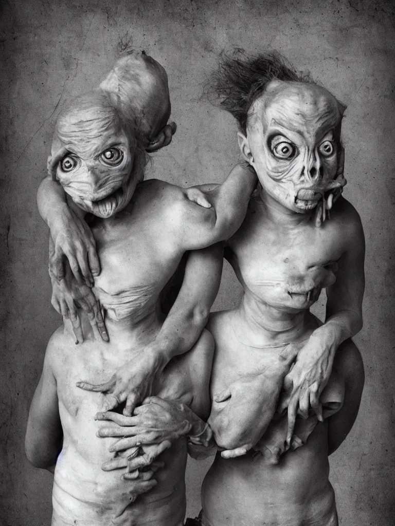 Image similar to conjoined twins, asymmetrical, basket case, freak show, ominous, disturbing, high resolution photograph, anomaly, uniqueness, alien