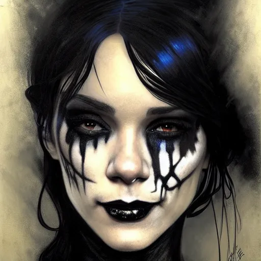 Image similar to beautiful portrait of vanessa hudgens as death from sandman, smiling, by cedric peyravernay, alphonse mucha, by jeremy mann, by lecouffe deharme, goth chic, soft lightning, eyeliner, punk rock, high detailed, 8 k