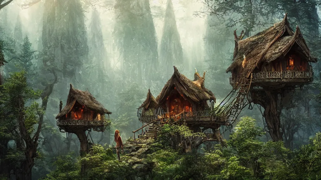 Image similar to elves living in elven treehouses, beautiful landscape, dramatic lighting, cinematic, extremly high detail, photorealistic, cinematic lighting, post processed, concept art, artstation, matte painting, style by greg rutkowsky
