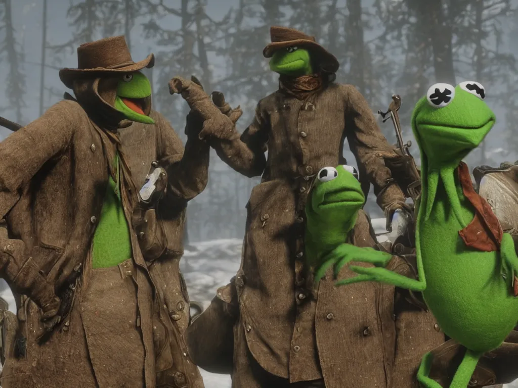 Prompt: Kermit the frog in Red Dead Redemption 2, snowy