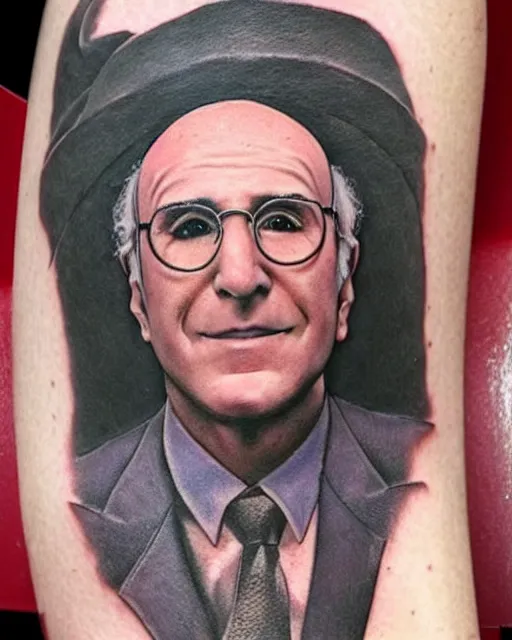 Image similar to a really bad tattoo of larry david, realism tattoo