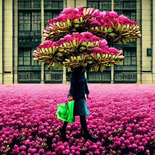 Image similar to giant rhododendron flower head, woman walking through city, surreal photography, cinema, realistic, symmetry, detailed, retro, wes anderson