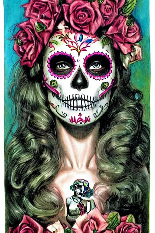 Prompt: Illustration of a sugar skull day of the dead girl, art by Earl Norem