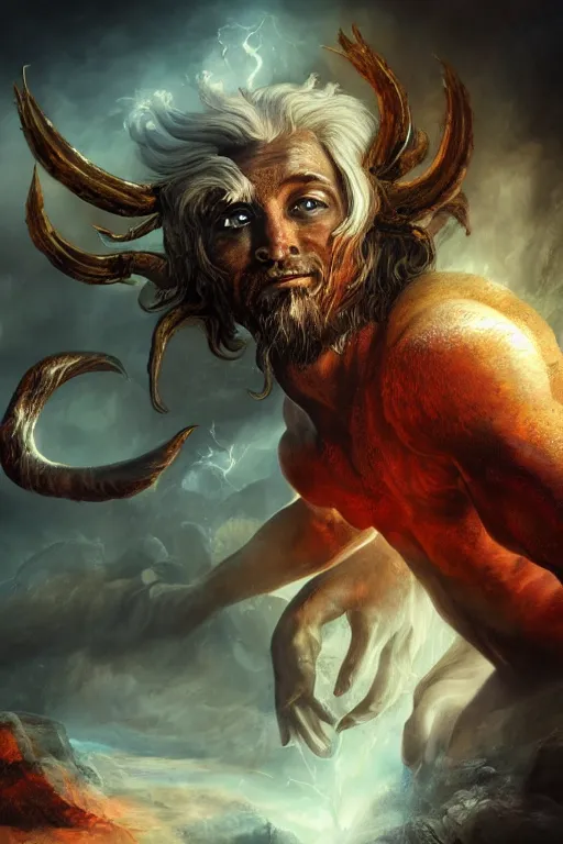 Prompt: fantasy character concept portrait, digital painting, wallpaper of a satyr, with skin of obsidian, with veins of magma and gold, renaissance nimbus overhead, by aleksi briclot, by laura zalenga, by alexander holllow fedosav, 8 k dop dof hdr, vibrant