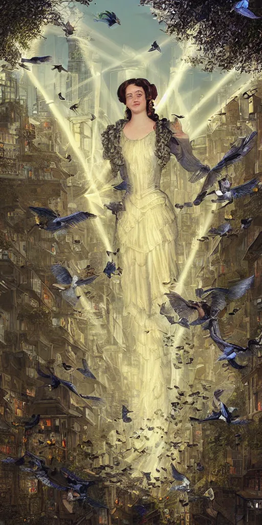 Prompt: portrait of a victorian lady surrounded by flying birds in a futuristic city, from behind, streets, angels in the sky, sunlight and rays of light shining through trees, tall buildings on the sides, beautiful, solarpunk!!!, highly detailed, digital painting