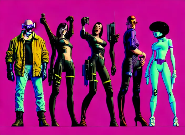 Image similar to cyberpunk heist crew. portrait by stonehouse and mœbius and will eisner and gil elvgren and pixar. character design. realistic proportions. cyberpunk 2 0 7 7 character art, blade runner 2 0 4 9 concept art. cel shading. attractive face. thick lines. the team. diverse characters. artstationhq.