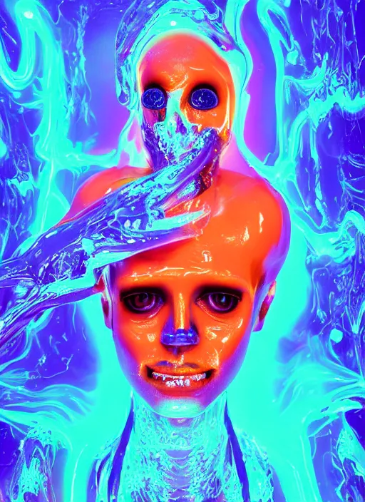 Image similar to photo of fullbodied baroque and bladerunner neon drippy tar sculpture of seductive ceramic albino ceramic prince anwar hadid dotado lavendar iridescent humanoid deity wearing orange plastic fluffy hoody holding diamond skull in a blue alien dungeon, reclining, glowing rainbow face, crown of white diamonds, cinematic lighting, photorealistic, octane render 8 k depth of field 3 d