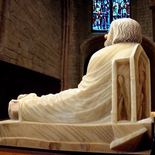 Image similar to the sarcophagus of the medieval king danny devito, carved in alabaster, church interior, hd