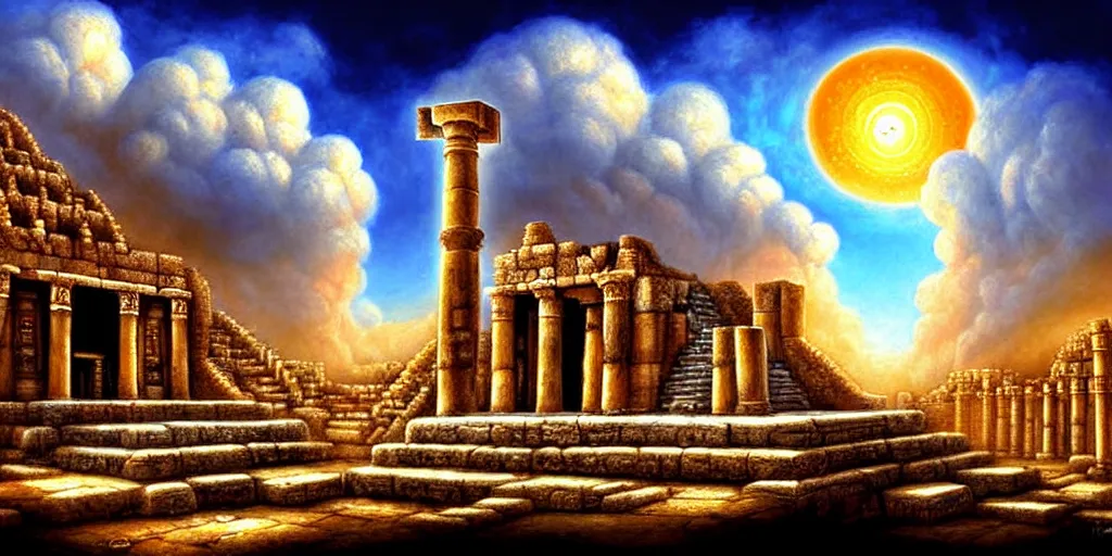 Image similar to illusion painting hidden temple in the clouds : an adorable small fox in the huge ruins of the second temple in jerusalem. a new temple hovers quietly hiding in the dreamy clouds above. a hooded bearded old man in a brown tunic laughing, colorful 8 k, art station, intricate superb details, digital art, illusion painting hidden image.