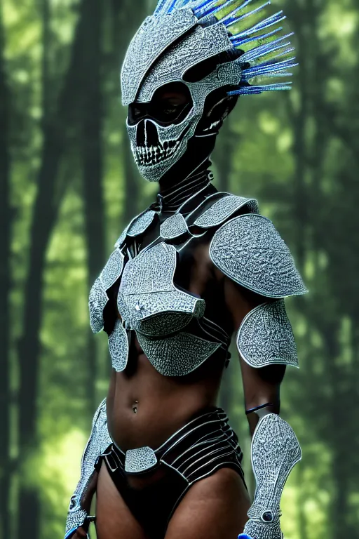 Image similar to hyperrealistic mithra gorgeous black woman intricate exoskeleton bone armor in a forest sun behind her concept art eric zener elson peter cinematic blue light low angle hd 8k sharp shallow depth of field