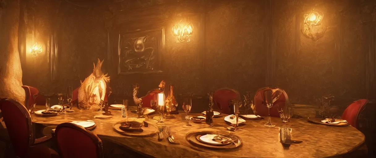 Prompt: a beautiful painting of cthulu dining at a fancy restaurant sitting across the table from a blind date | unreal engine :. 4 | global illumination, radiant soft light, detailed, intricate :. 6