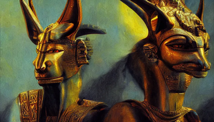 Prompt: anubis by miguel angel, oil painting, classical painting, digital art, vivid colors, sharp focus, restored