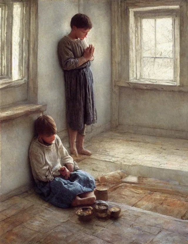 Image similar to peasant boy praying in country house, cottage core, cinematic focus, polaroid photo bleached vintage pastel colors high - key lighting, soft lights, foggy, by steve hanks, by lisa yuskavage, by serov valentin, by tarkovsky, detailed, oil on canvas