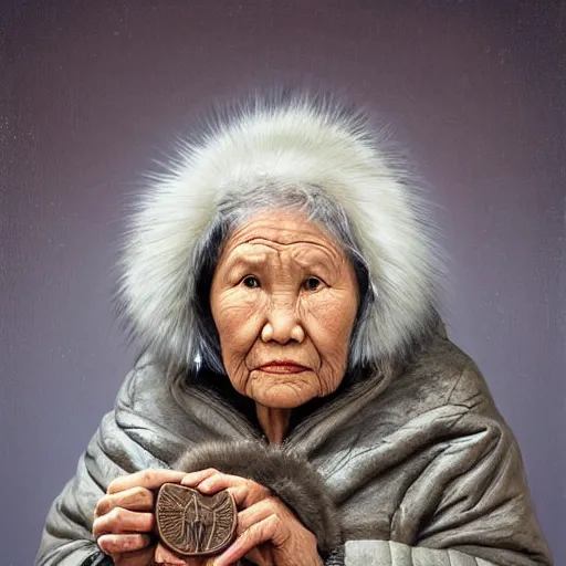 Prompt: A beautiful print of a stern looking elderly Inuit woman with short white hair and dark skin. She is wearing a traditional Inuit parka with fur trim and is holding a small carving in her hand. Her expression is one of strength and wisdom. Howl’s Moving Castle by Diego Dayer, by Dain Yoon, by Peter Andrew Jones frightful