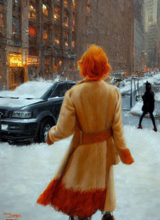 Image similar to back of emma stone in beige coat, orange hair, walking into new york apartment building in winter, opening door, building entrance, artwork by gaston bussiere, craig mullins, trending on artstation