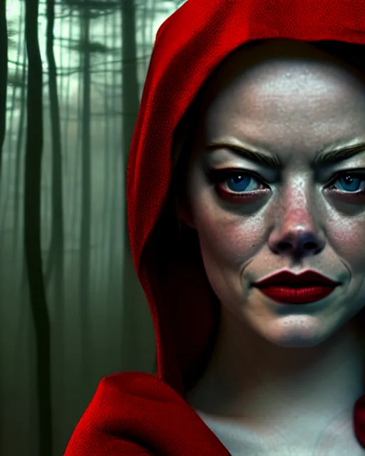 Prompt: hyperrealistic mixed media painting of Emma Stone as little red riding hood, dark foggy forest background, stunning 3d render inspired art by P. Craig Russell and Barry Windsor-Smith + perfect facial symmetry + dim volumetric lighting, 8k octane beautifully detailed render, post-processing, extremely hyperdetailed, intricate, epic composition, grim yet sparkling atmosphere, cinematic lighting + masterpiece, trending on artstation, very very detailed, masterpiece, stunning