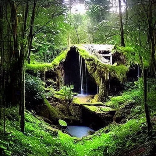 Image similar to abandoned, overgrown, underground bunker, room with waterfall and lake, beautiful, underground