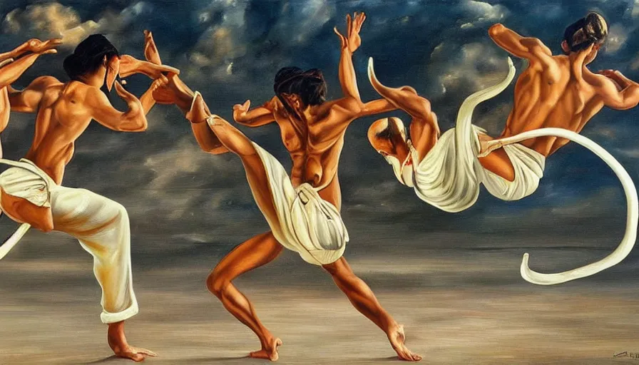 Prompt: capoeira, hyper realistic painting by salvador dali