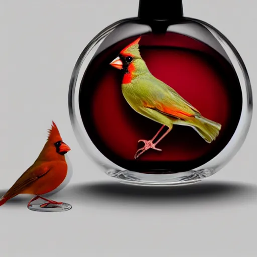 Prompt: a photorealistic photograph of a Cardinal bird inside of an Armagnac decanter Trending on Artstation, featured on Behance, well-rendered, Unreal Engine, 4K HD