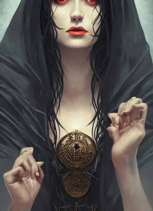 Image similar to tarot!!, high priestess, no noise, elegant, concept art, sharp focus, beautiful face!!, digital art, smooth defined outlines!!, human anatomy, human structure, vector background, dark fantasy, by Brom, trending on Artstation, Tom Bagshaw, Sargent