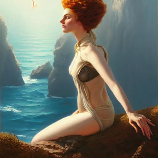 Image similar to a painting of a woman sitting on a cliff, a character portrait by clyde caldwell and tom bagshaw, cg society, fantastic realism, official art, 1 9 9 0 s, academic art