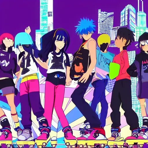 Image similar to gang of anime youths rollerblading, rollerskating, colorful clothes, 2 0 0 1 anime, flcl, jet set radio future, golden hour, japanese town, cel - shaded, strong shadows, vivid hues, y 2 k aesthetic