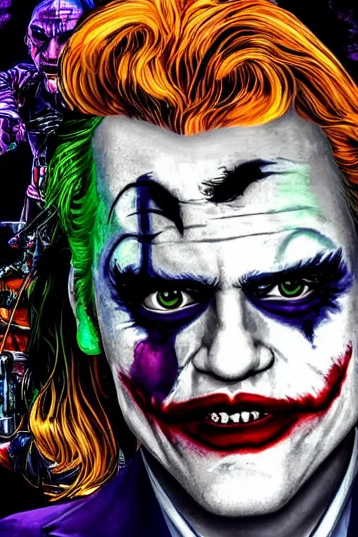 Prompt: joaquin phoenix as joker and lady gaga as harley quinn, remove duplicate content!!!!, delete duplicate content!!!, violet polsangi pop art, gta chinatown wars art style, bioshock infinite art style, incrinate, realistic anatomy, hyperrealistic, rgba color, white frame, content balance proportion