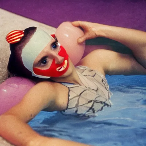 Prompt: a woman wearing a long nose in a swimming pool live-action childrens television show 1974 technicolor