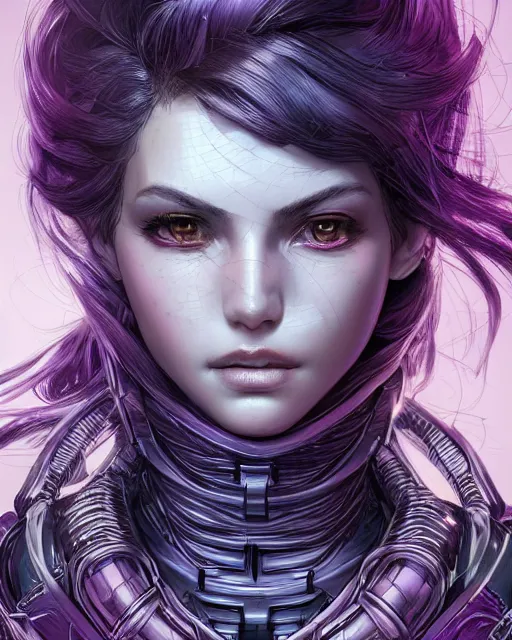 Prompt: close up portrait of a beautiful woman in smooth purple sci - fi armor, elegant, intense, an ultrafine hyperdetailed illustration by kim jung gi, irakli nadar, intricate linework, sharp focus, bright colors, octopath traveler, final fantasy, unreal engine 5, global illumination, radiant light