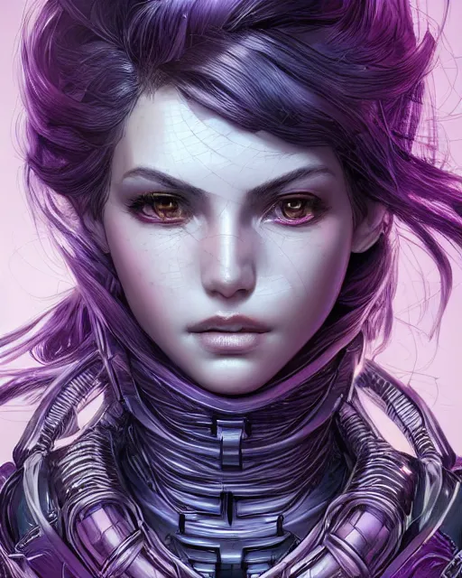 Image similar to close up portrait of a beautiful woman in smooth purple sci - fi armor, elegant, intense, an ultrafine hyperdetailed illustration by kim jung gi, irakli nadar, intricate linework, sharp focus, bright colors, octopath traveler, final fantasy, unreal engine 5, global illumination, radiant light