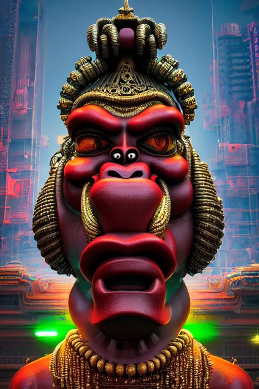 Image similar to high quality 3 d render post - rococo cyberpunk hanuman! head building, neon madhubani, open mouth, highly detailed, in sci - fi new delhi, cinematic smooth unreal engine, lee madgwick & liam wong, dramatic light, low angle, uhd 8 k, sharp focus