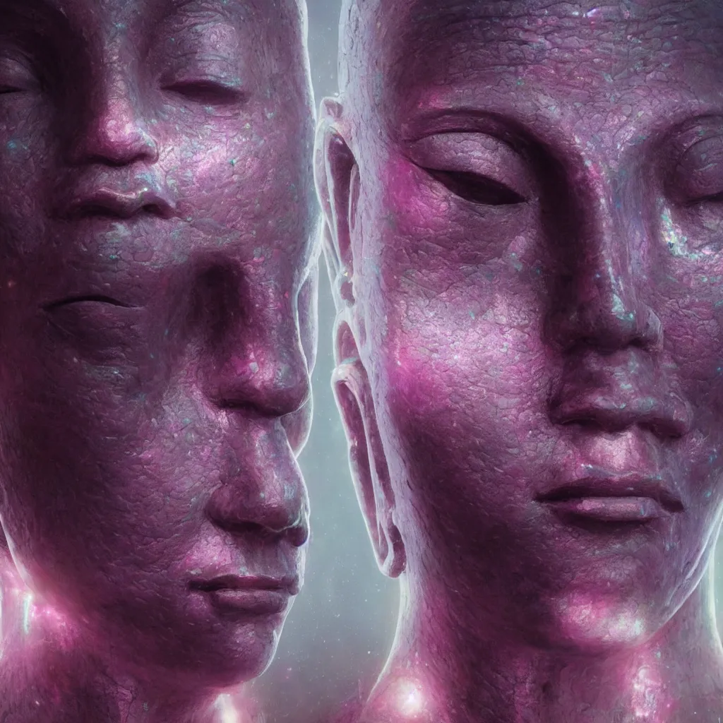 Prompt: extremely detailed cinematic movie still medium shot of enlightened iridiscent buddha hyperreal skin face by denis villeneuve, wayne barlowe, simon birch, marc simonetti, philippe druillet, beeple, alex grey bright volumetric sunlight, rich moody colors, bokeh