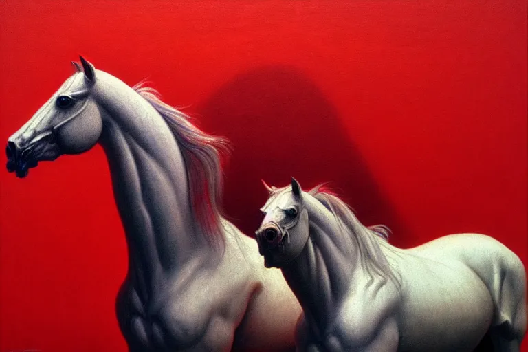 Image similar to a white cyberpunk horses with human heads, in the style of beksinski, parts by edward hopper, parts by rodcenko, parts by yue minjun, intricate and epic composition, red by caravaggio, insanely quality, highly detailed, masterpiece, red light, artstation, 4 k