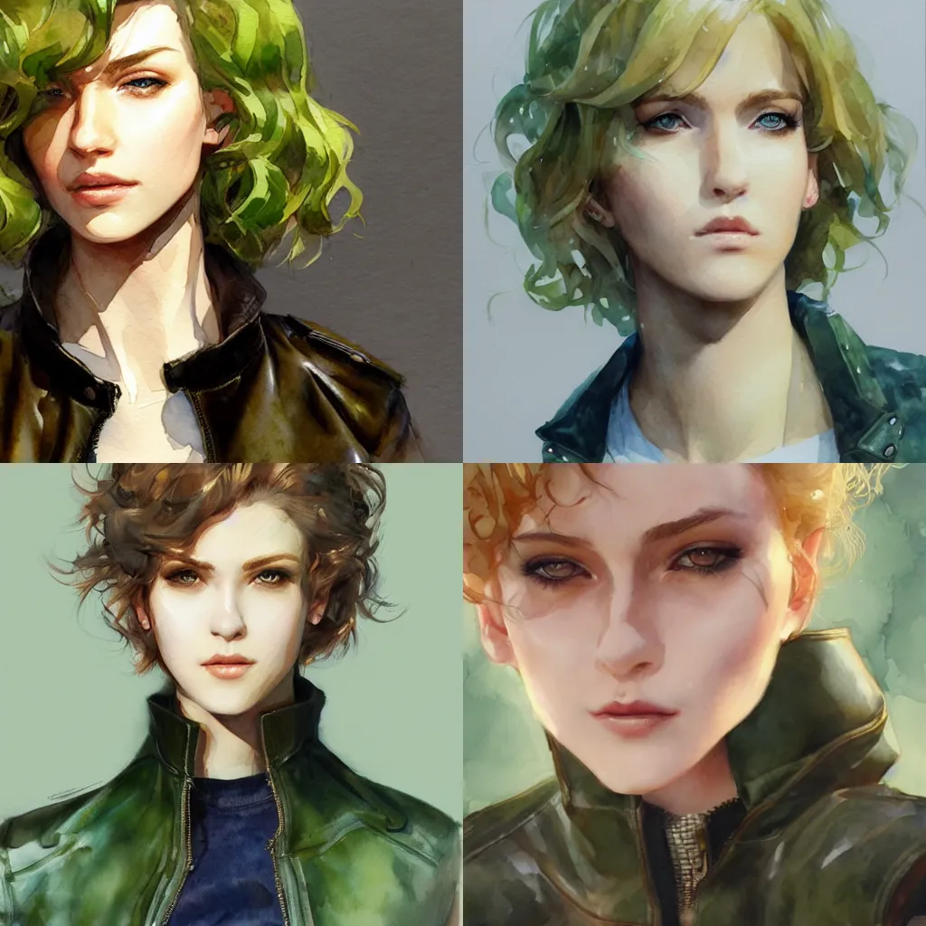 Prompt: short curly blonde haired girl, green eyes, leather bomber jacket, artstation, watercolor, highly detailed, portrait, by krenz cushart