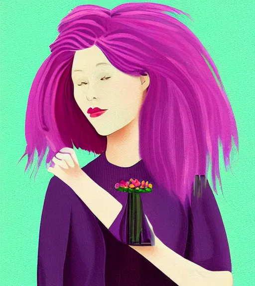 Prompt: A girl with pink hair holding a vase, digital art