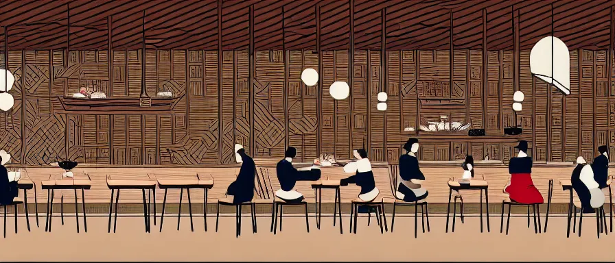 Image similar to a beautiful interior view illustration of a small roasted string hotpot restaurant in yan'an city, wall corner, chinese mountain architecture, restaurant wall paper is tower amd mountain, rectangle white porcelain table, people are eating, black chair, animation illustrative style, from china, simple style structure decoration design, victo ngai, james jean, 4 k hd