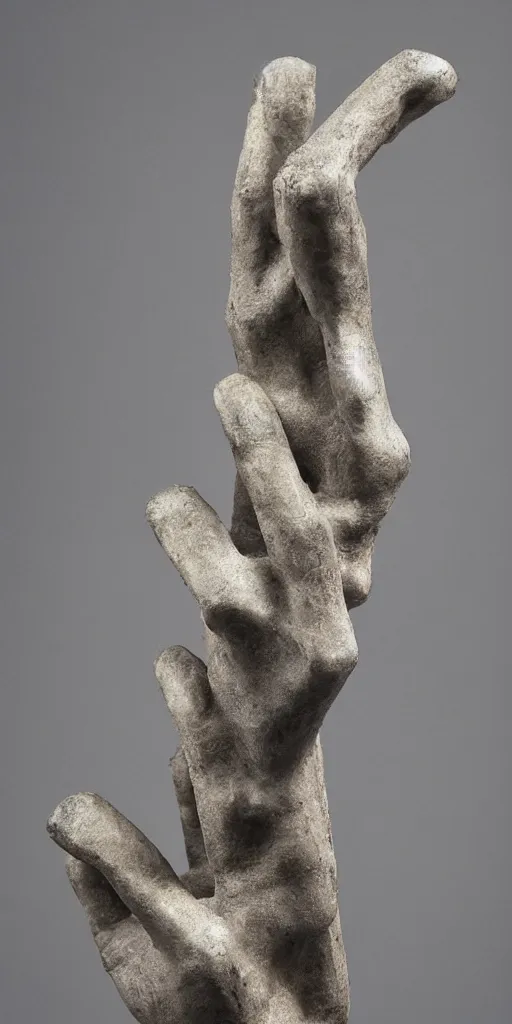Prompt: a highly detailed brutalist angular sculpture of a human hand reaching out for help, aggressive, angles, sharp lines, faceted