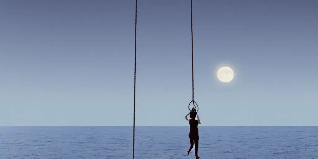 Prompt: a person swinging on a swing over the ocean the swing is connected to the moon, award winning photography, 4k, volumetrics, cinematic lighting