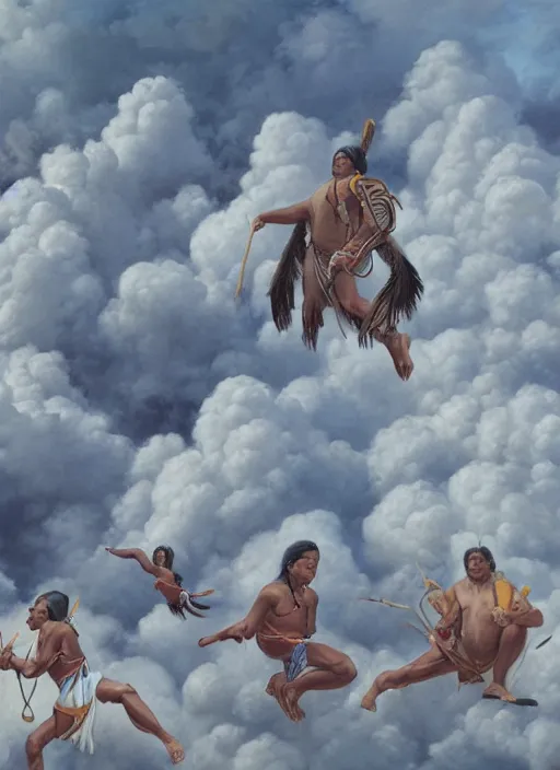 Image similar to faces of indigenous amazonian grandfathers and grandmothers spirits in the clouds, smiling, protection, benevolence, ancestors, detailed faces, art by christophe vacher