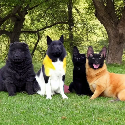 Image similar to a yellow shepherd mixed dog, sitting next to a russian blue cat sitting next to a black and white cow cat