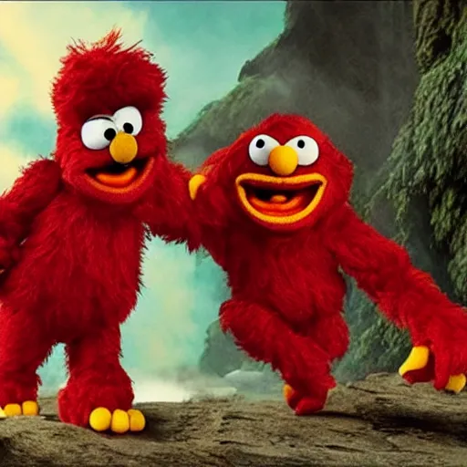 Prompt: 3 headed elmo fights king kong