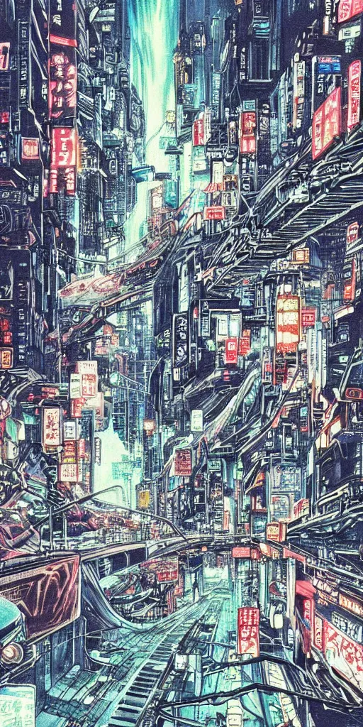 Image similar to beautiful and detailed anime drawing of an AKIRA-like cyberpunk city landscape with light trail from a motorcycle at the bottom and a bridge silhouette at the top, japan at night, 1980s, by Katsuhiro Otomo and mamoru oshii, wide angle, worm\'s eye view, grand, clean, colorful