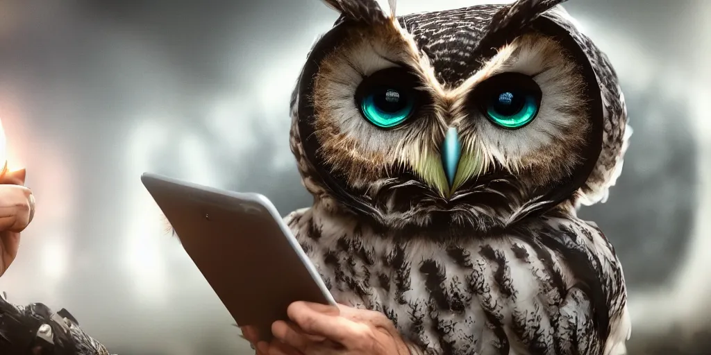 Image similar to an evil, malevolent, mechincal owl looking at photos. this 4 k hd image is trending on artstation, featured on behance, well - rendered, extra crisp, features intricate detail and the style of unreal engine. volumetric lighting