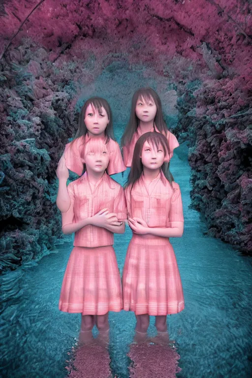 Prompt: 3d realistic dramatic infrared photo of two schoolgirls sisters with a realistic face standing in a dark subway station under water in Japan. Close-up portrait. There are pink palm trees and translucent glow jellyfish flying around. Volumetric composition. Pastel colors in the style of Hiro Kiyohara, redshift, octane, trend artstation, cinematic, hyper realism, high detail, 8k